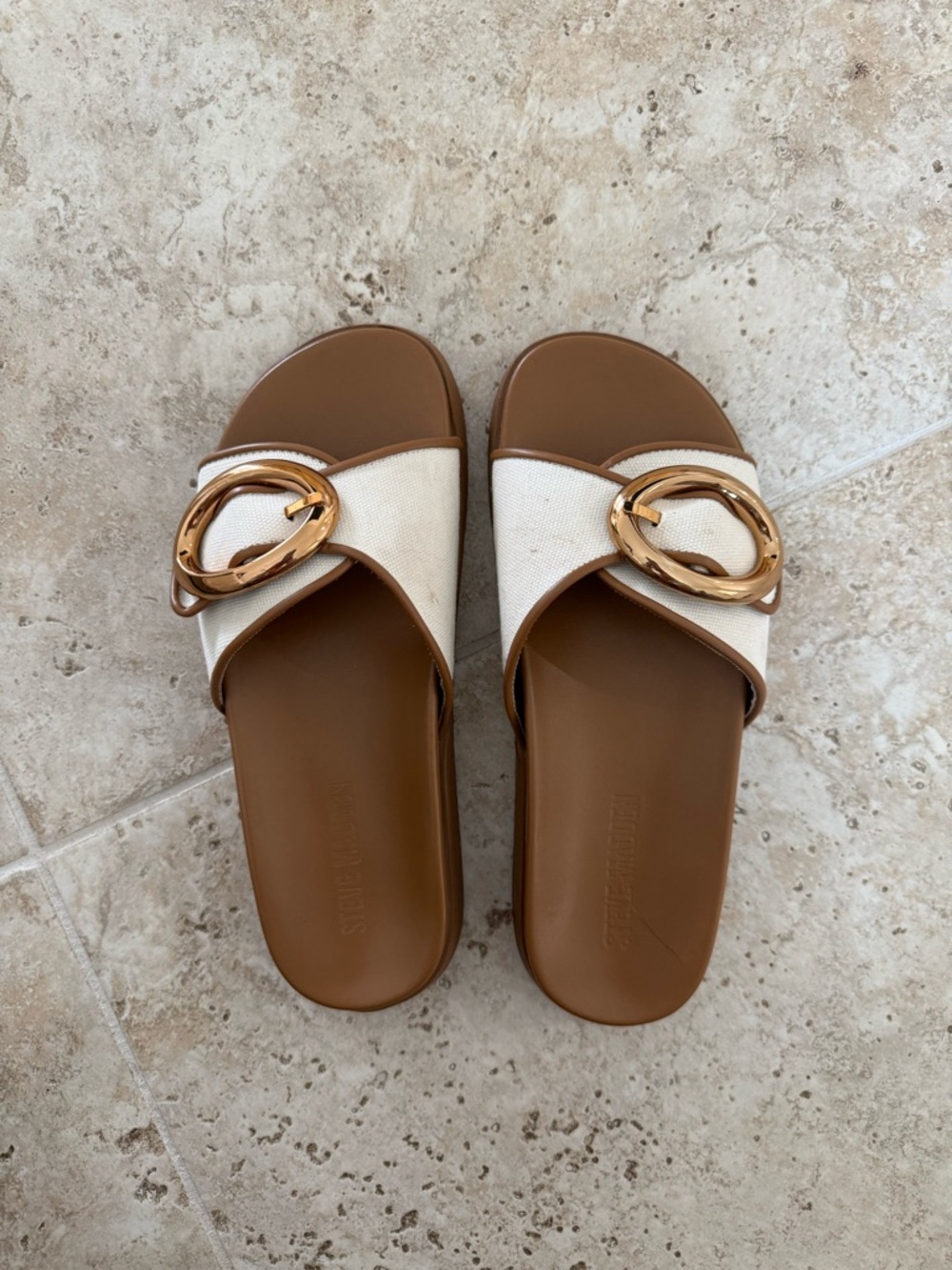 Steve Madden Brown and Cream Slide Sandals with Gold Ring